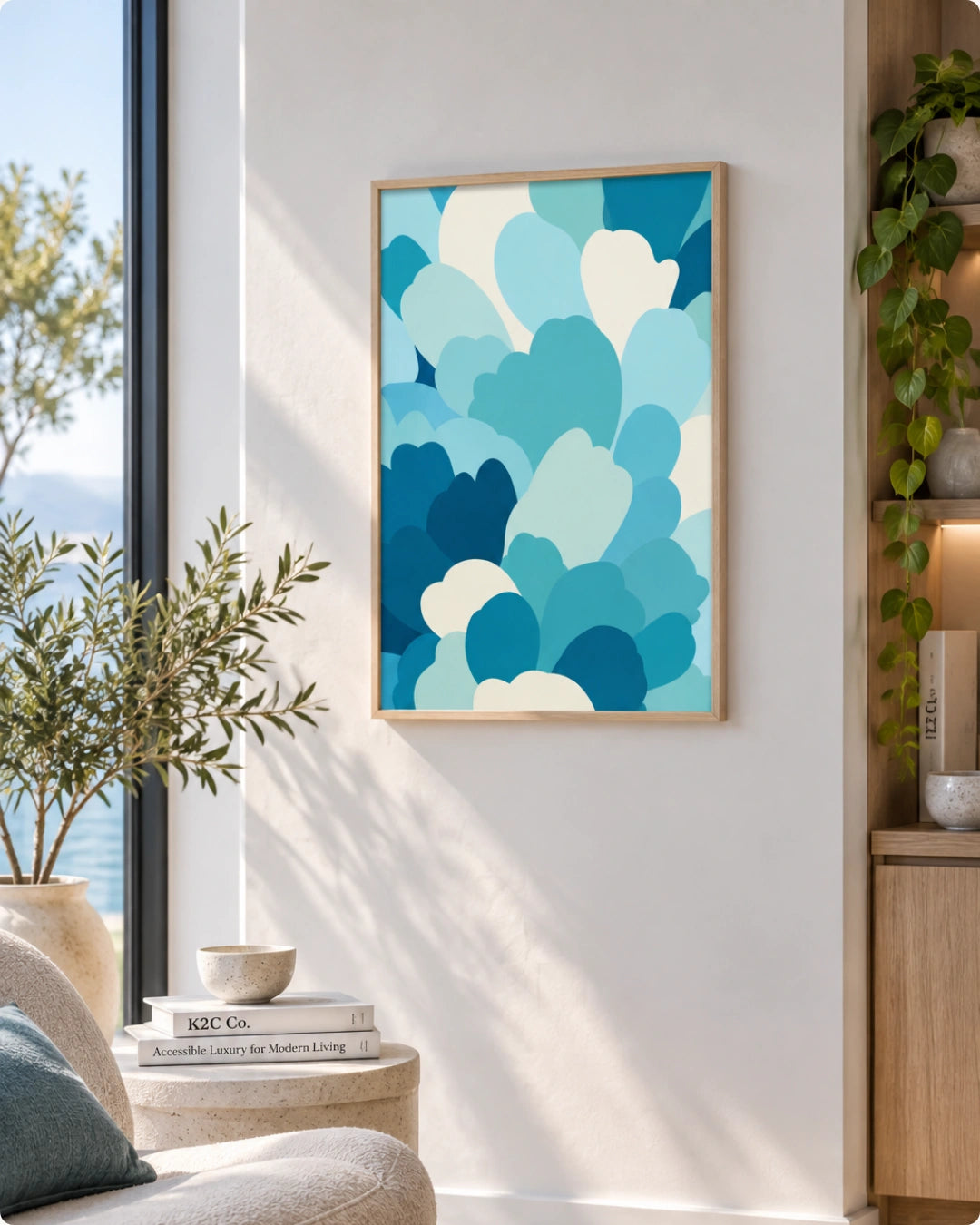 A framed abstract art print featuring layered heart-like shapes in shades of blue and white, hanging on a white wall in a modern, sunlit room with a window, plants, and a side table.