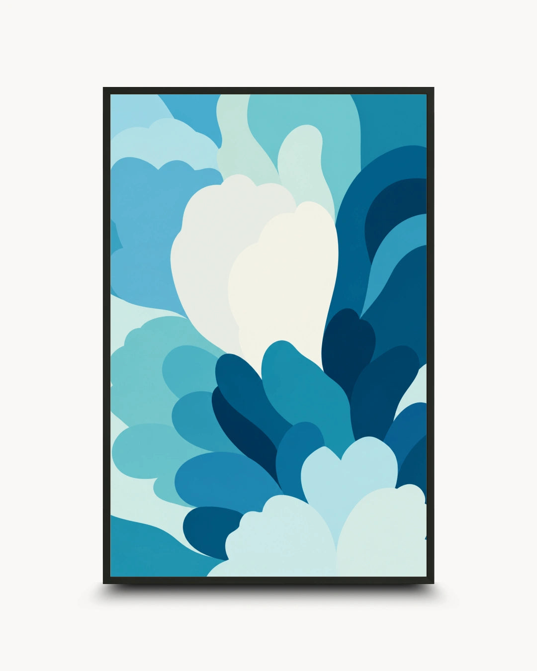 A framed abstract art print featuring layered, organic cloud-like shapes in shades of blue, navy, and white, presented on a light gray background.