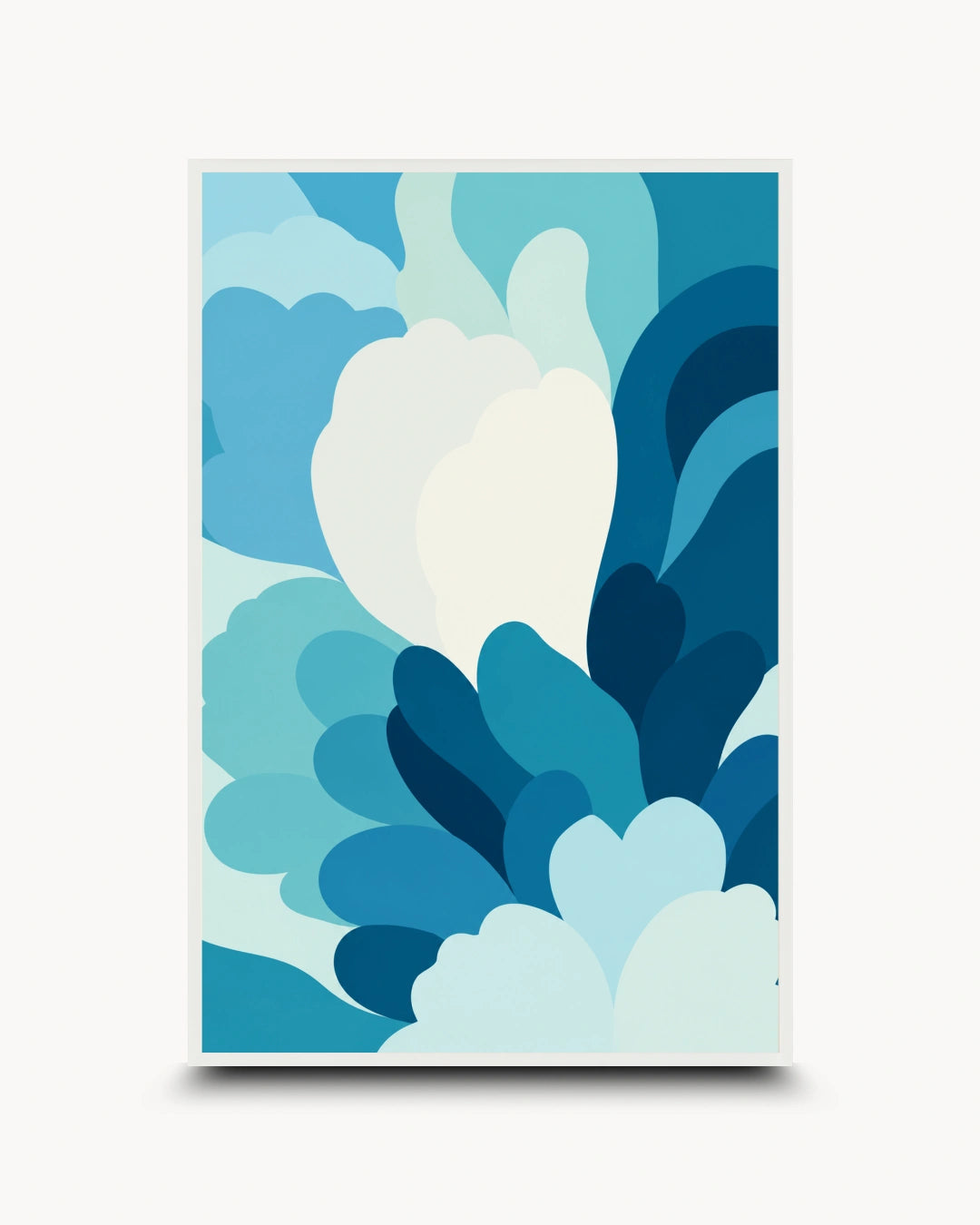 A framed abstract art print featuring layered, organic cloud-like shapes in shades of blue, teal, navy, and white, displayed against a light gray background.