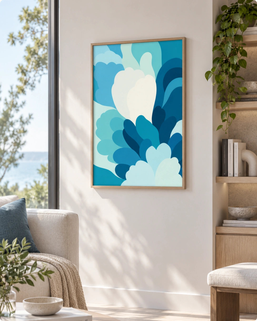 Framed abstract wall art with layered blue and white cloud-like shapes hanging on a light beige wall in a modern living room setting.