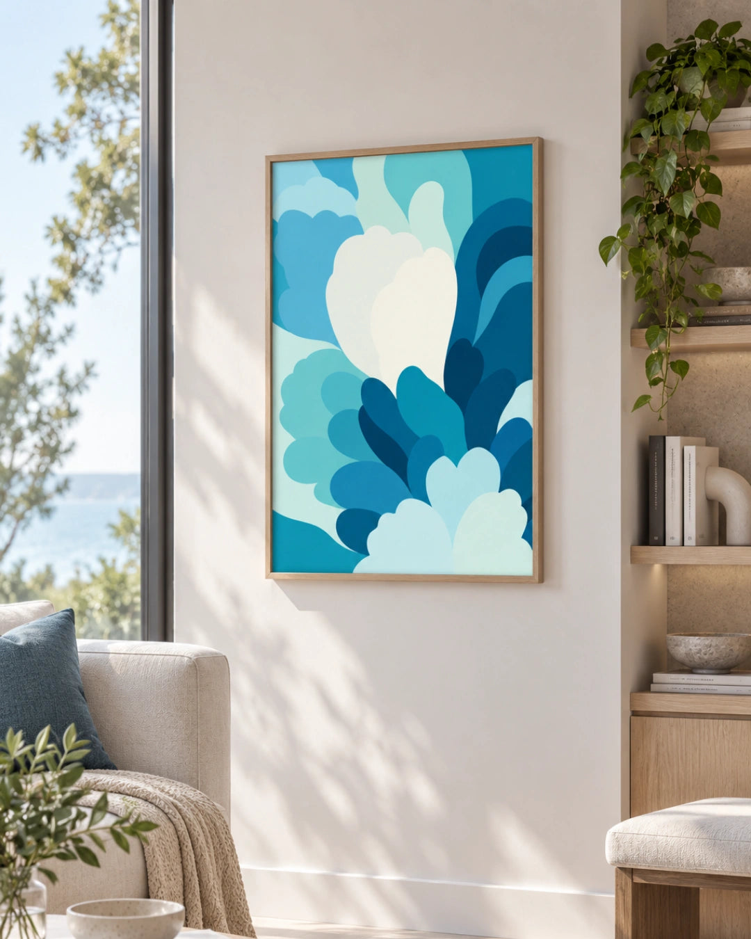 A framed abstract art print featuring layered blue and white cloud-like shapes, displayed on a light beige wall in a modern living room setting with a window, sofa, and shelving.