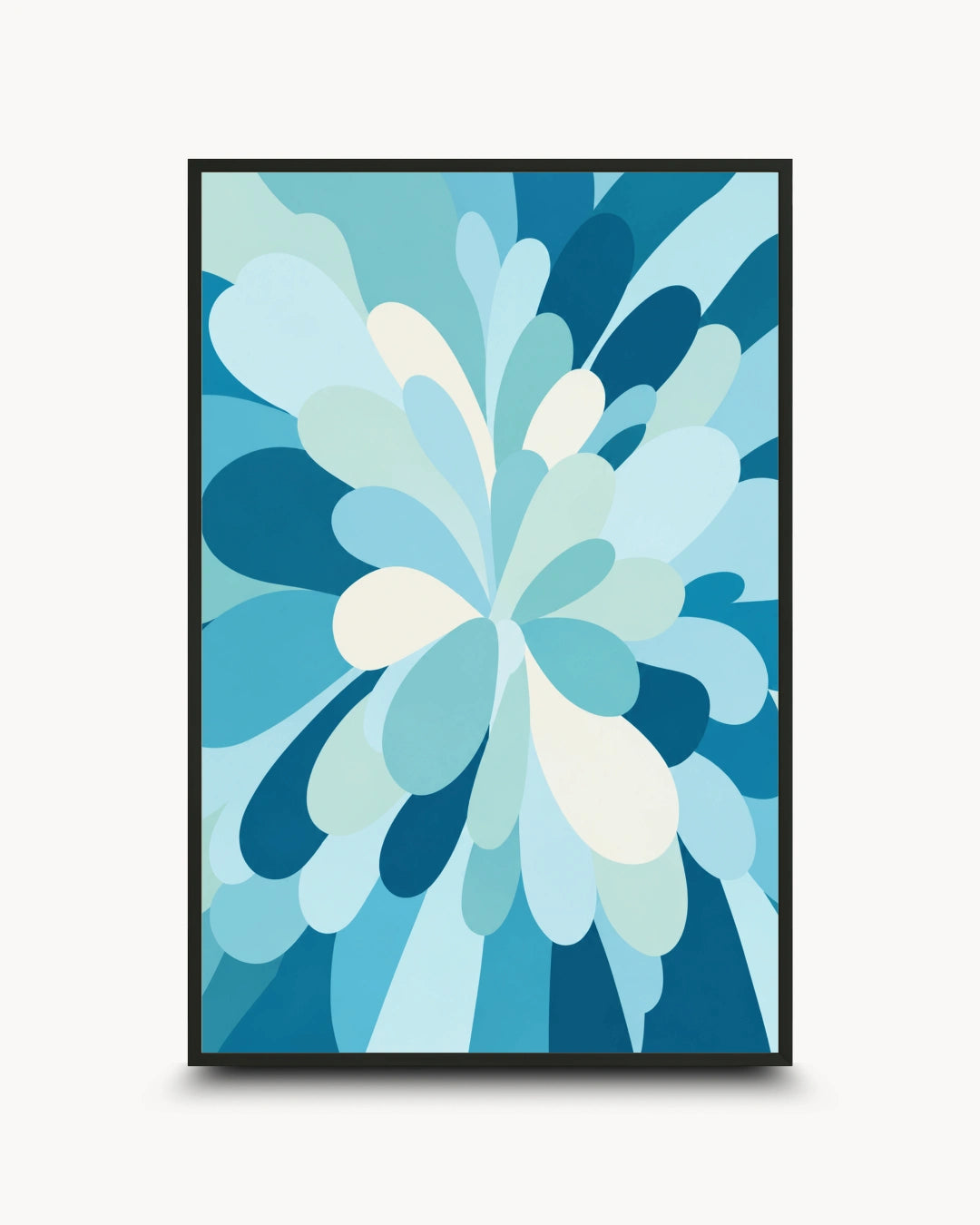 A framed abstract art print featuring a stylized flower or burst of layered petal-like shapes in shades of blue, teal, and white, set against a light gray background.