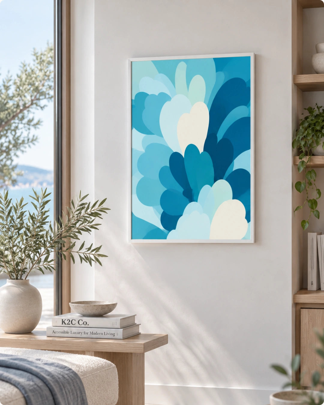 A framed abstract art print featuring layered blue and white cloud-like shapes, displayed on a light gray wall in a modern, sunlit room with a side table, books, and plants.