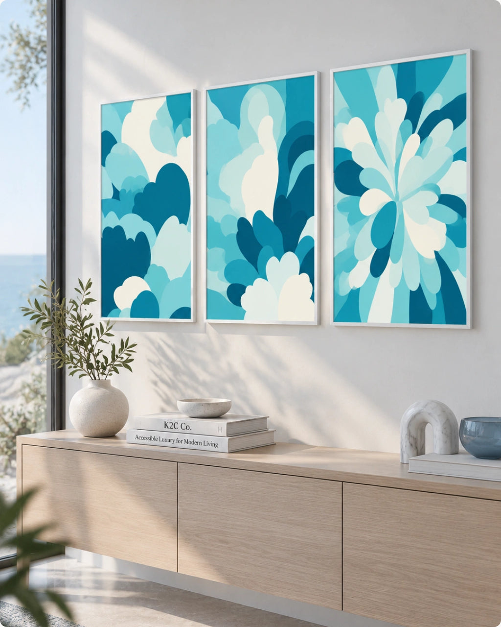 Three framed abstract wall art panels in shades of blue, teal, and white hang above a light wood console in a bright modern room with a window and decorative objects.