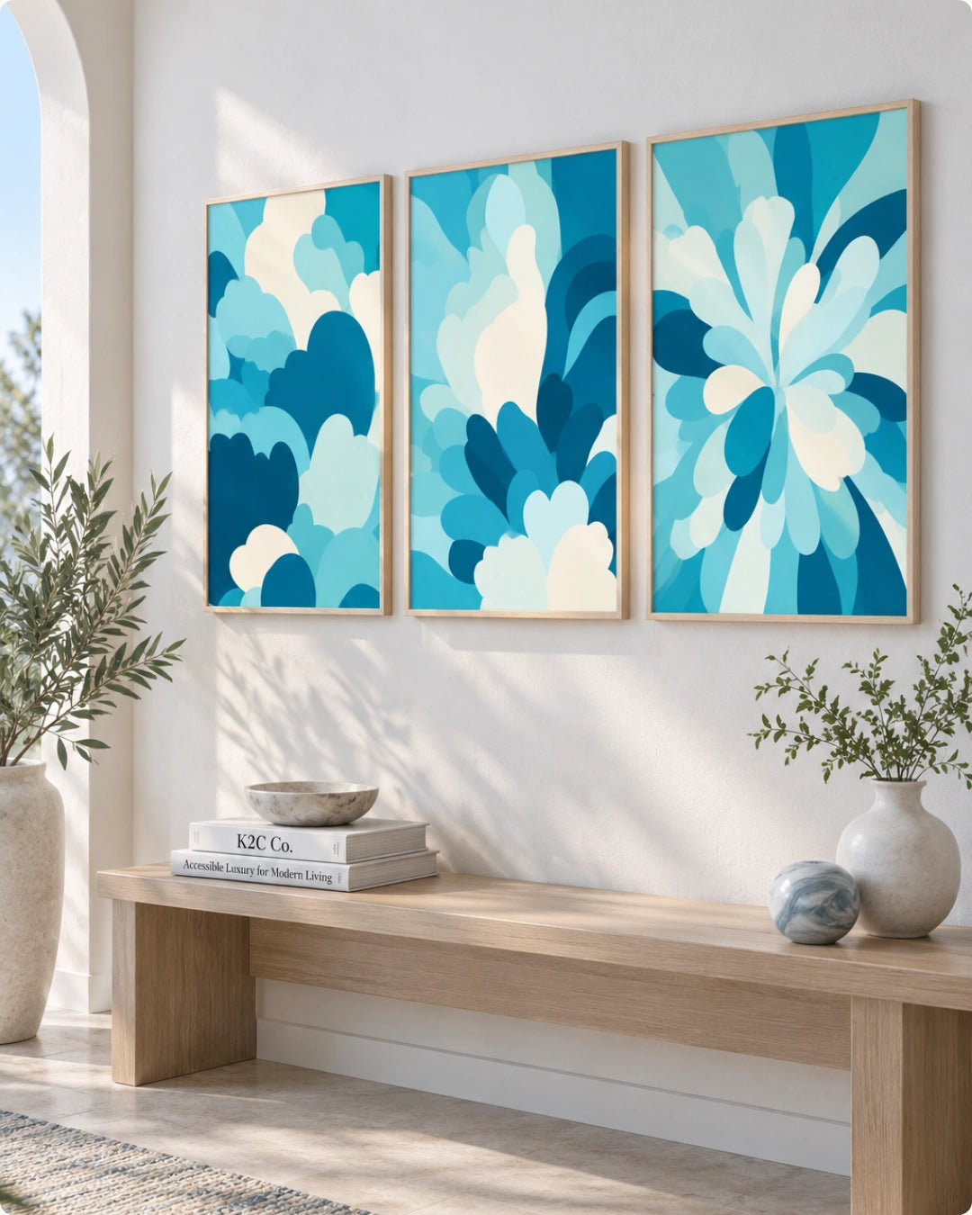 Three framed abstract art prints with blue, teal, and white floral-like shapes hang on a white wall above a light wood bench with decorative plants and books.