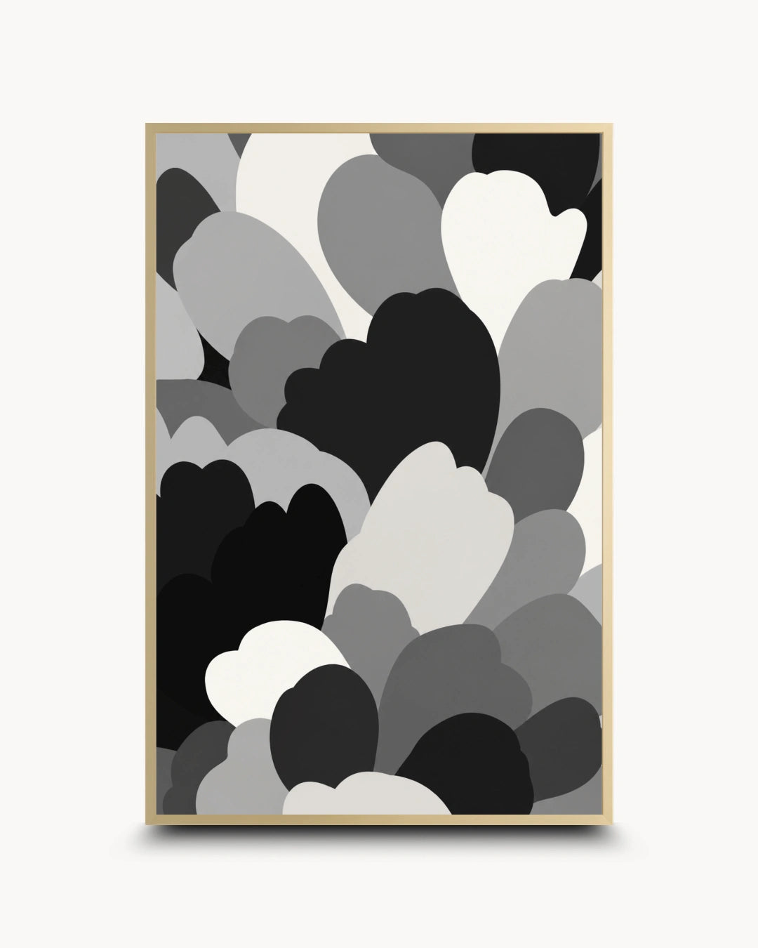 A framed abstract art print featuring overlapping heart and cloud-like shapes in black, gray, and white, displayed against a light gray background.