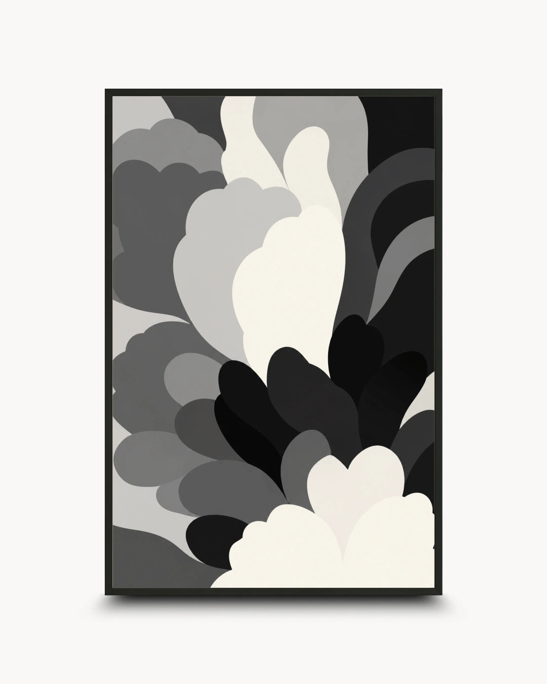 A framed abstract art print featuring layered, organic cloud-like shapes in black, gray, and off-white, presented on a light gray background.