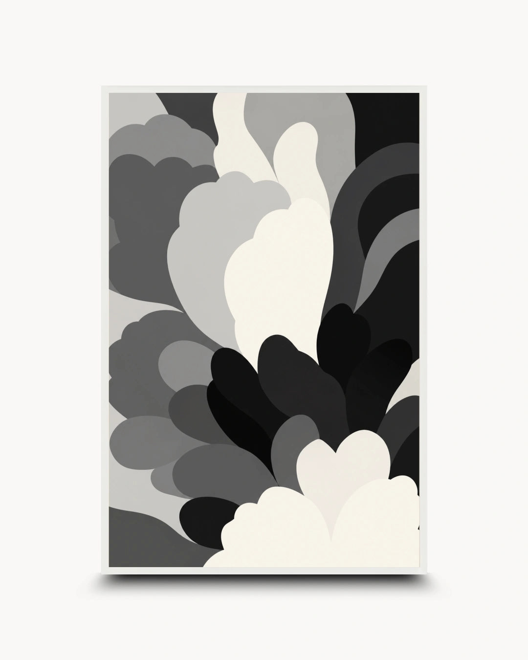 An abstract art print featuring layered, organic cloud-like shapes in black, gray, and off-white, presented as a vertical poster on a light gray background.