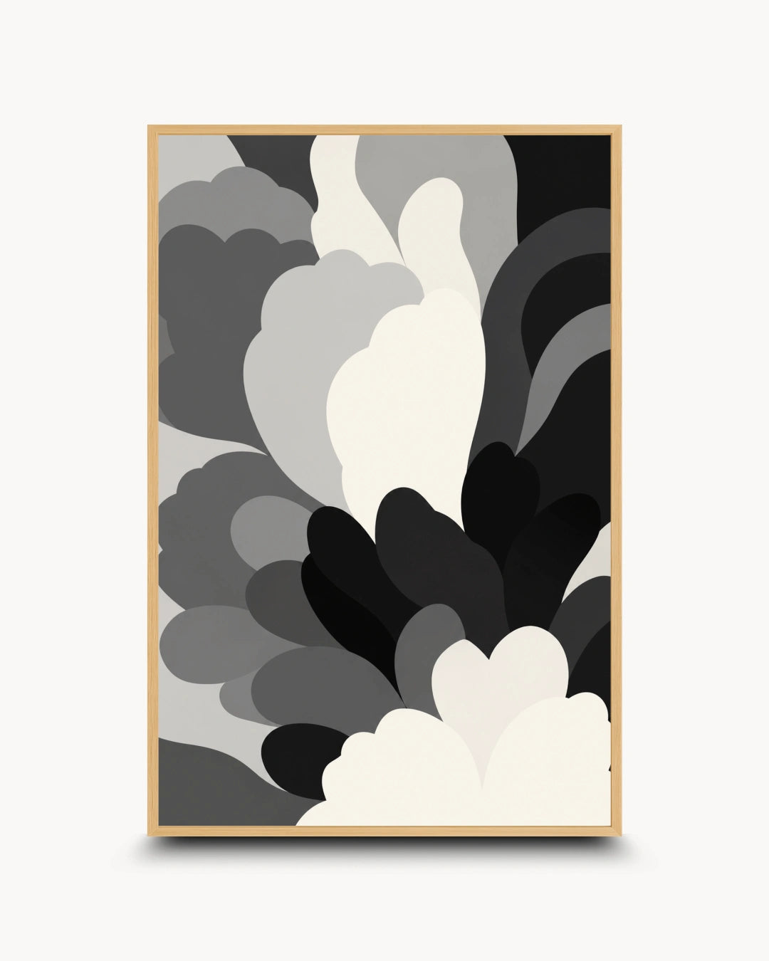 An abstract art print featuring layered, organic cloud-like shapes in black, gray, and off-white, presented as a vertical poster on a light gray background.