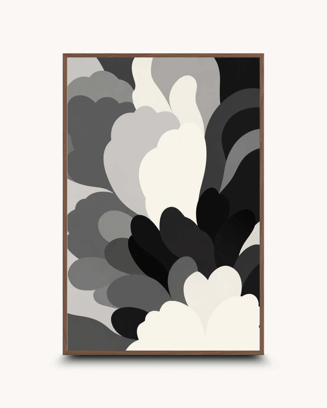 A framed abstract art print featuring layered, organic cloud-like shapes in black, gray, and off-white, enclosed in a thin brown frame against a light gray background.
