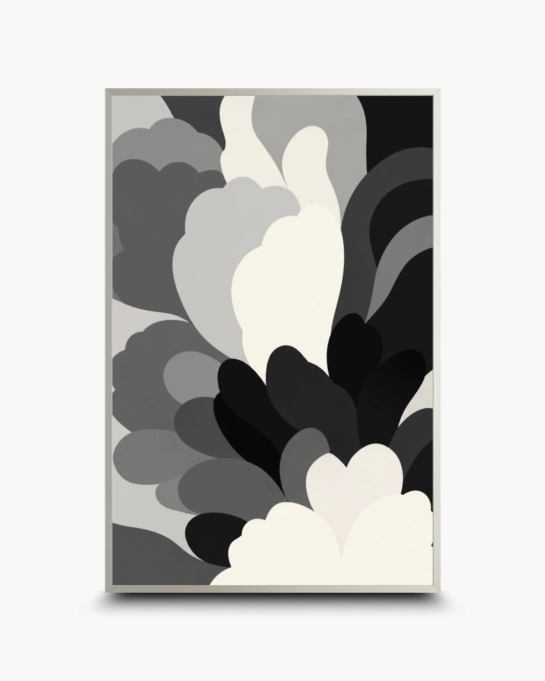 A framed abstract art print featuring layered, organic cloud-like shapes in black, gray, and off-white, displayed against a light gray background.