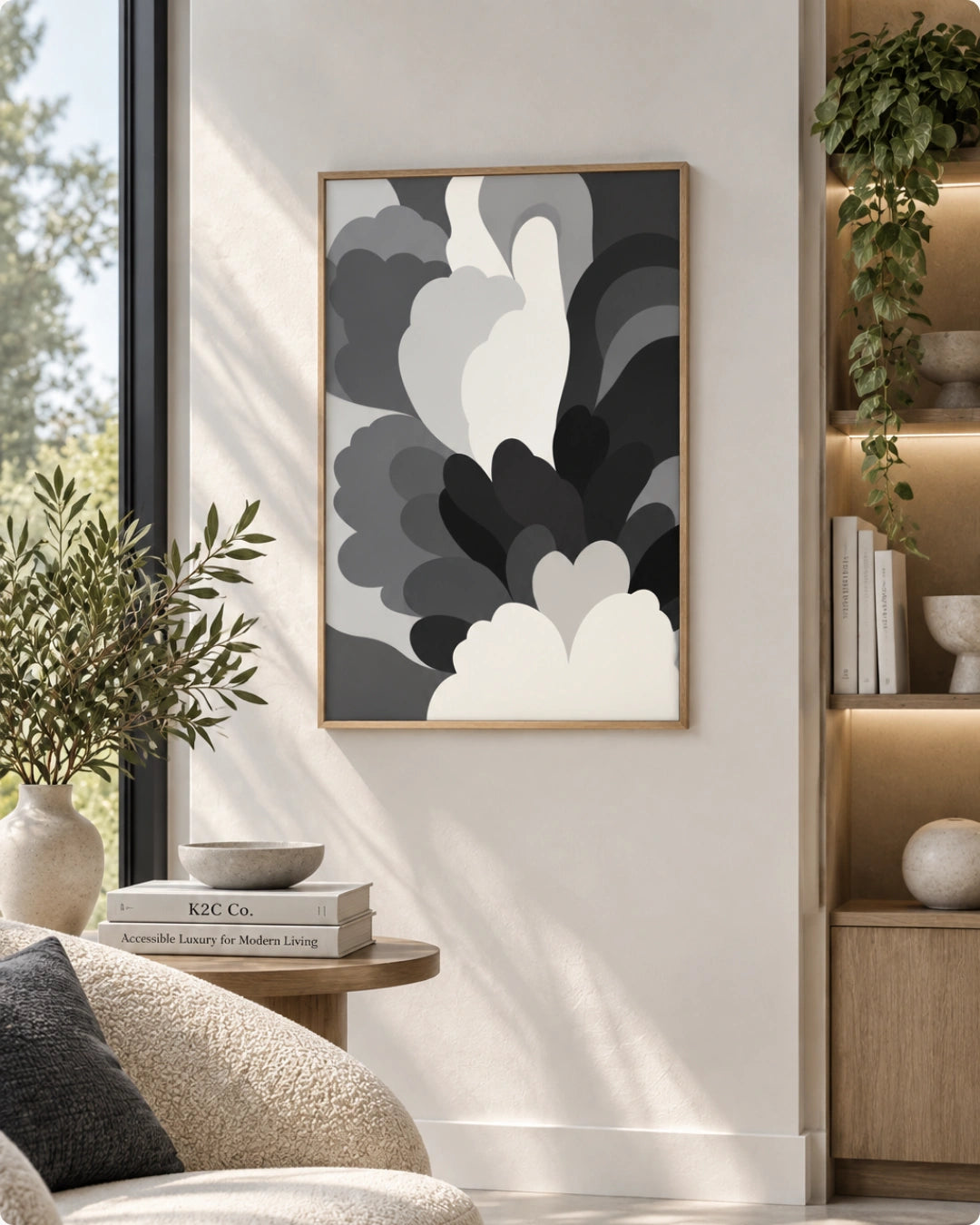 A framed abstract wall art print with layered gray, black, white, and charcoal cloud-like shapes hanging on a light beige wall in a modern living room setting.