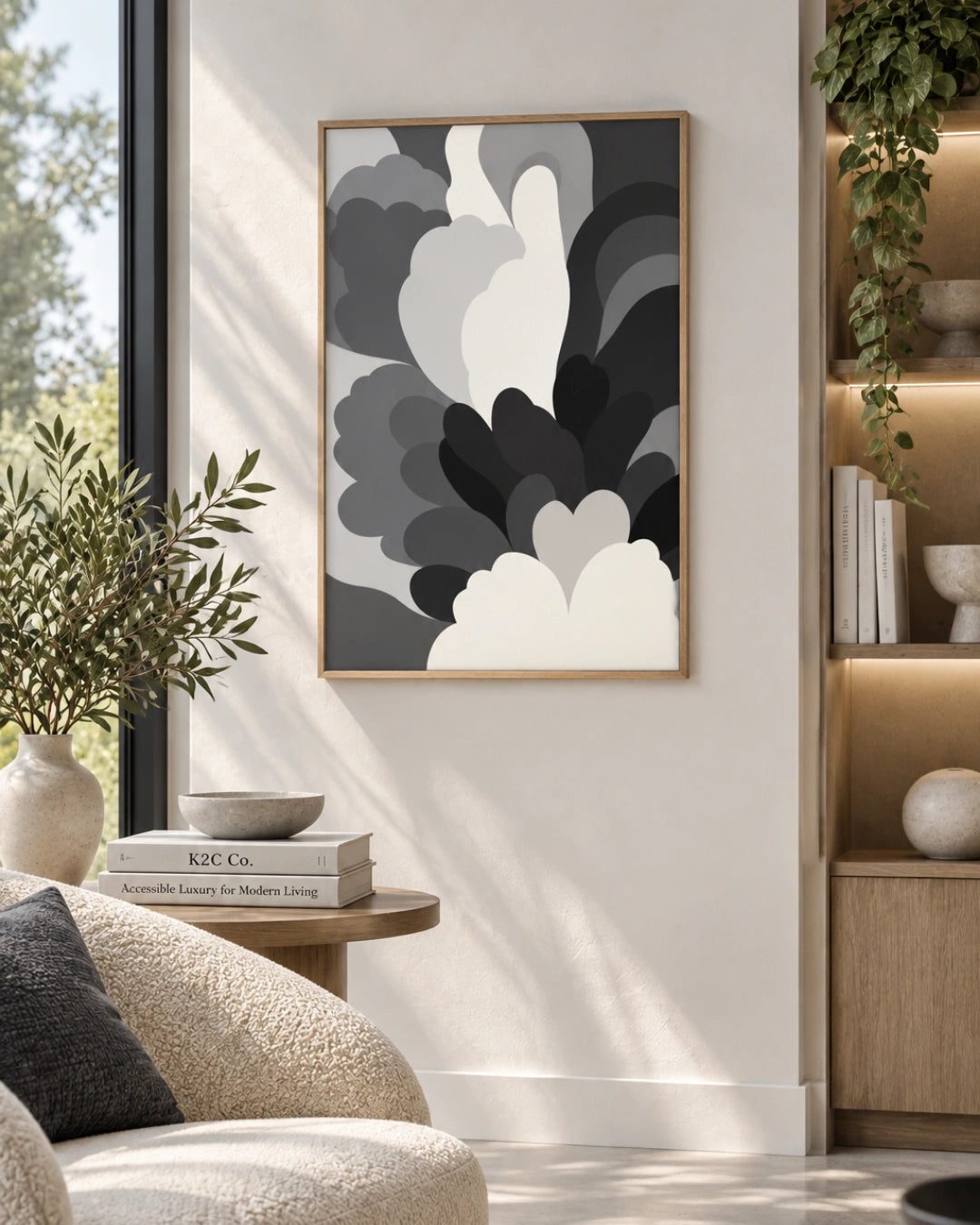 A framed abstract wall art print with layered gray, black, white, and charcoal organic shapes hanging on a light beige wall in a modern living room setting.