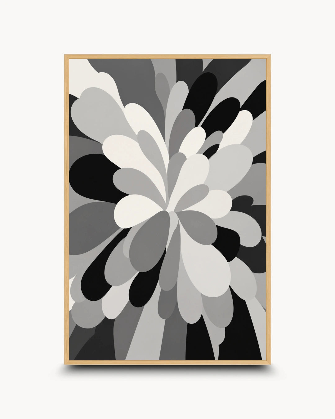 A vertical abstract art print featuring a stylized floral burst pattern in grayscale, with layered petal-like shapes in black, gray, and white on a light background.