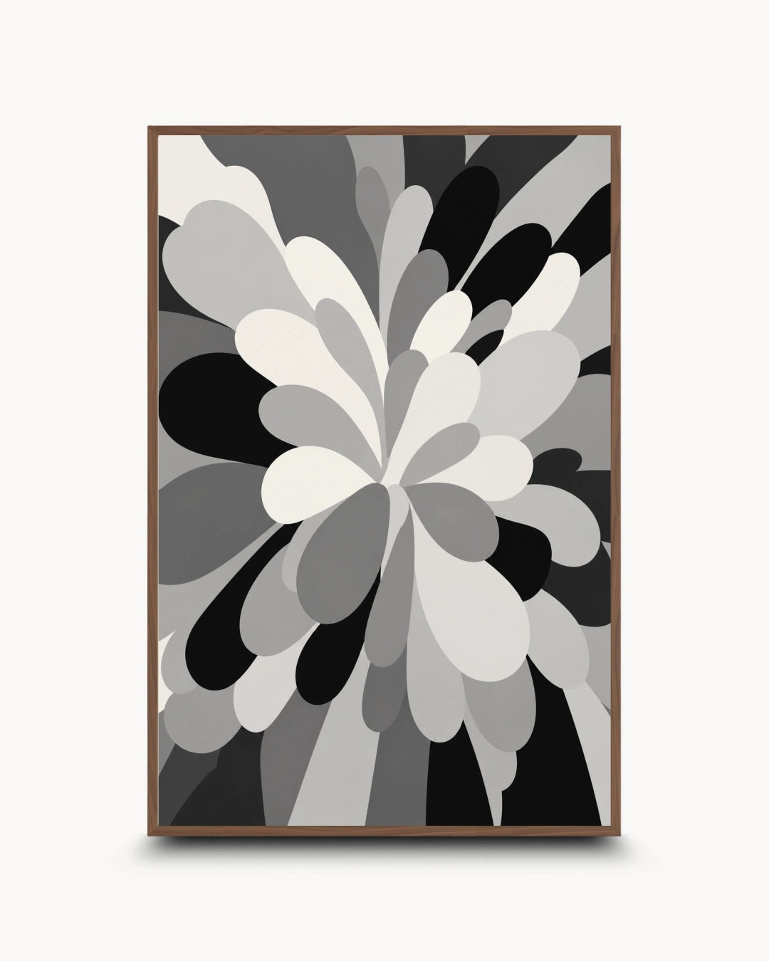 A vertical abstract art print featuring a stylized floral burst pattern in grayscale, with layered petal-like shapes in black, gray, and white on a light background.