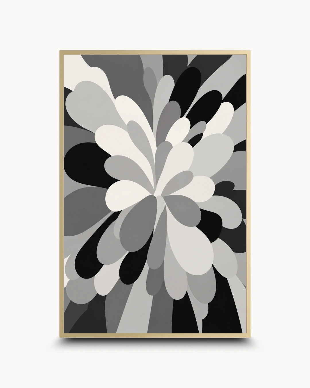 A vertical abstract art print featuring a stylized floral burst pattern in grayscale, with layered petal-like shapes in black, gray, and white on a light background.