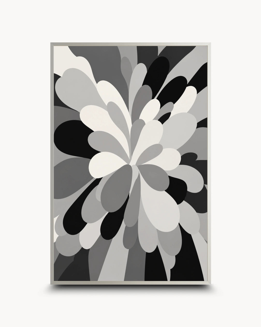 A vertical abstract art print featuring a stylized floral burst pattern in grayscale, with layered petal-like shapes in black, gray, and white on a light background.