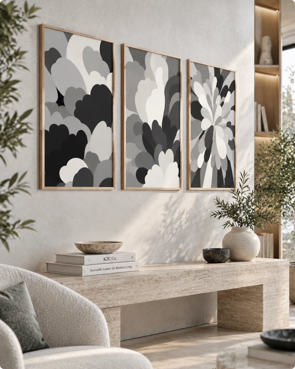 Three framed abstract wall art prints with black, gray, and white cloud-like shapes hang on a light wall above a stone bench in a styled living room.