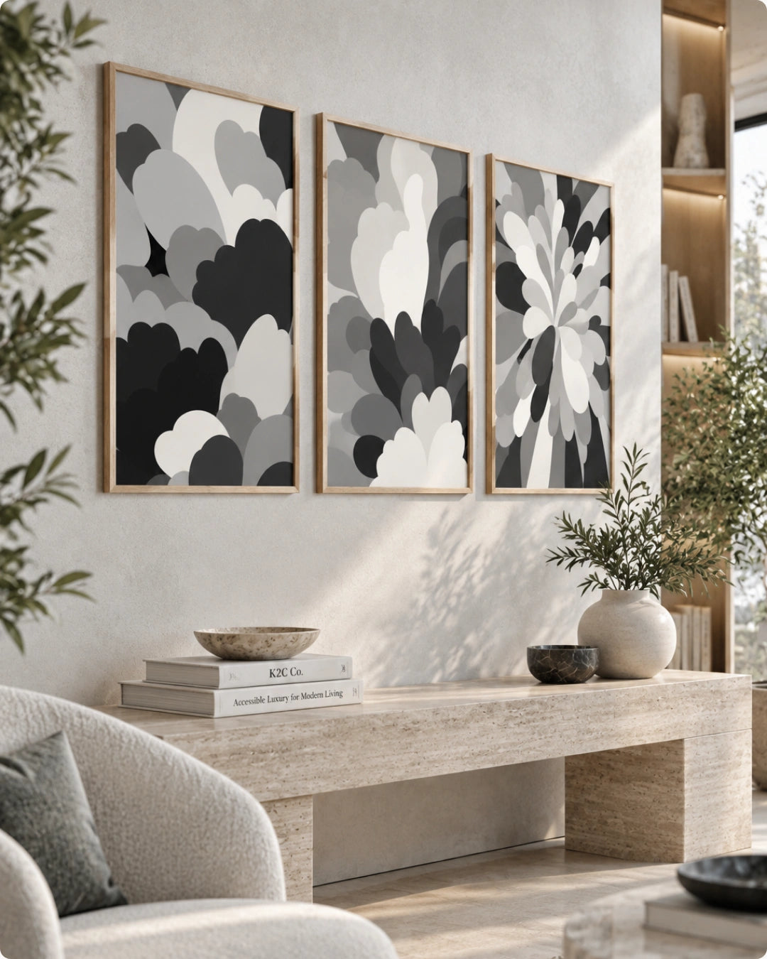Three framed abstract wall art prints with black, gray, and white cloud-like shapes hang on a light wall above a stone bench in a styled living room.