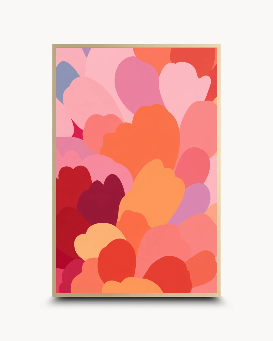 A framed abstract art print featuring overlapping heart-like shapes in shades of pink, red, orange, and purple, set against a light off-white background.