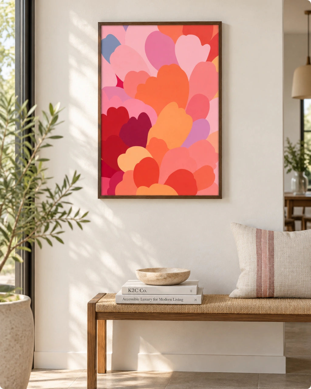 A framed abstract art print featuring overlapping heart-like shapes in pink, red, orange, and purple tones, displayed on a white wall above a woven bench with a pillow in a bright interior setting.