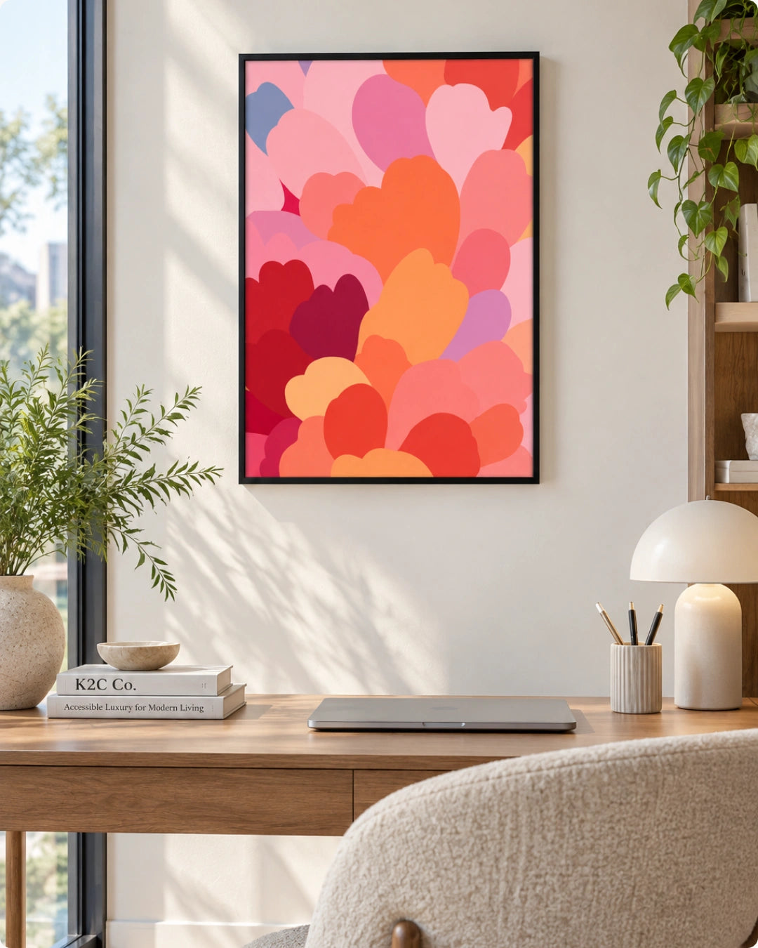 A framed abstract art print featuring overlapping heart-like shapes in shades of pink, red, orange, and purple, hanging on a light wall above a wooden desk in a modern, sunlit home office.