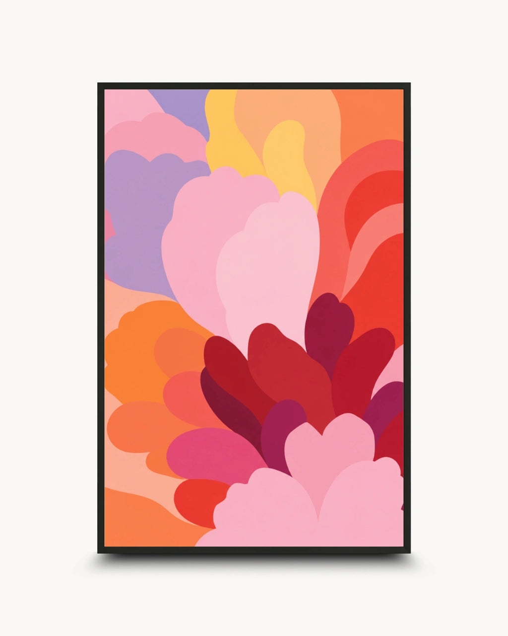 A framed abstract art print featuring layered, organic petal-like shapes in pink, red, orange, yellow, and purple, displayed against a clean off-white background.