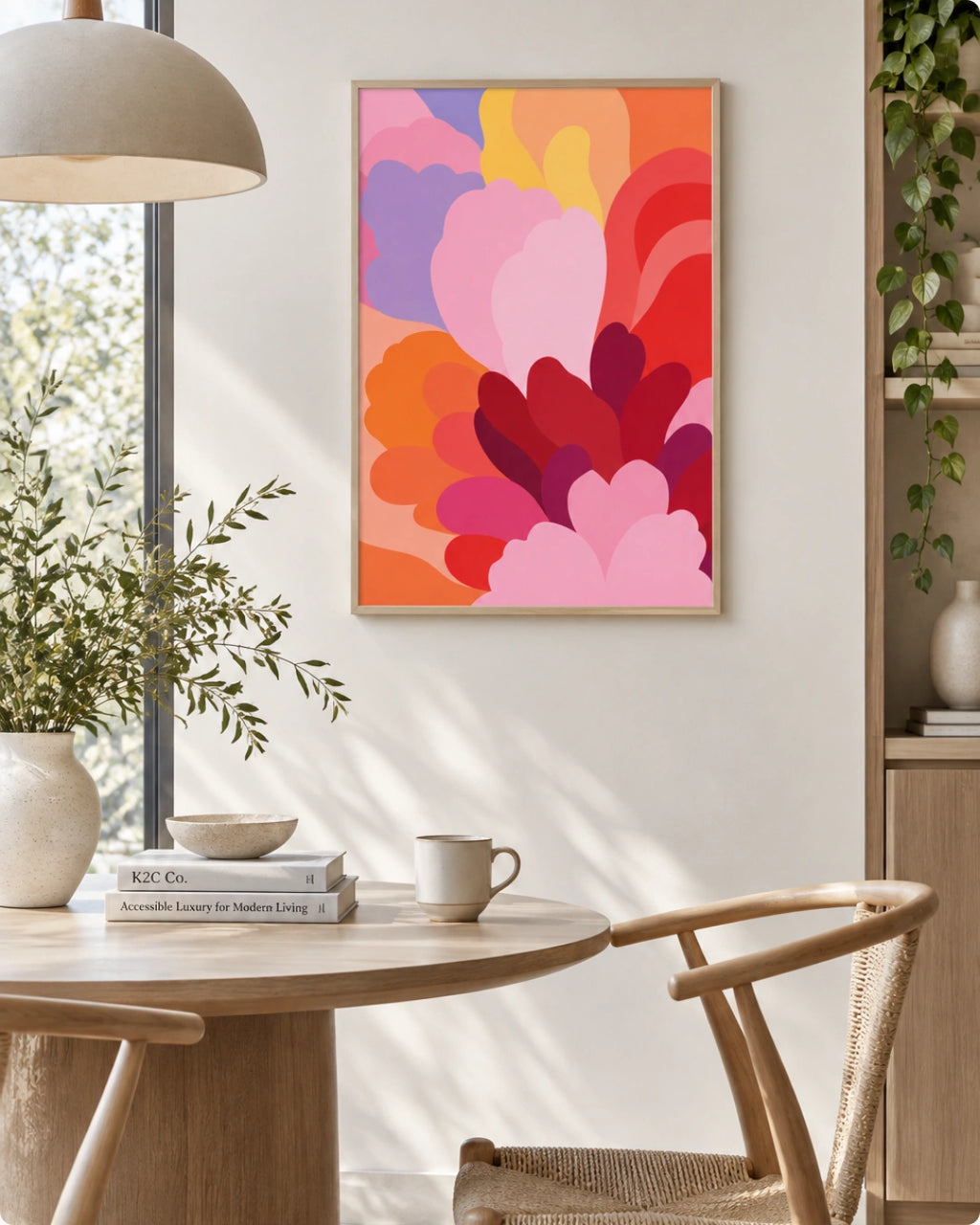 A framed abstract floral art print with layered pink, red, orange, purple, and yellow petals hanging on a light beige wall in a modern, sunlit dining room with a wooden table, chairs, and plants.