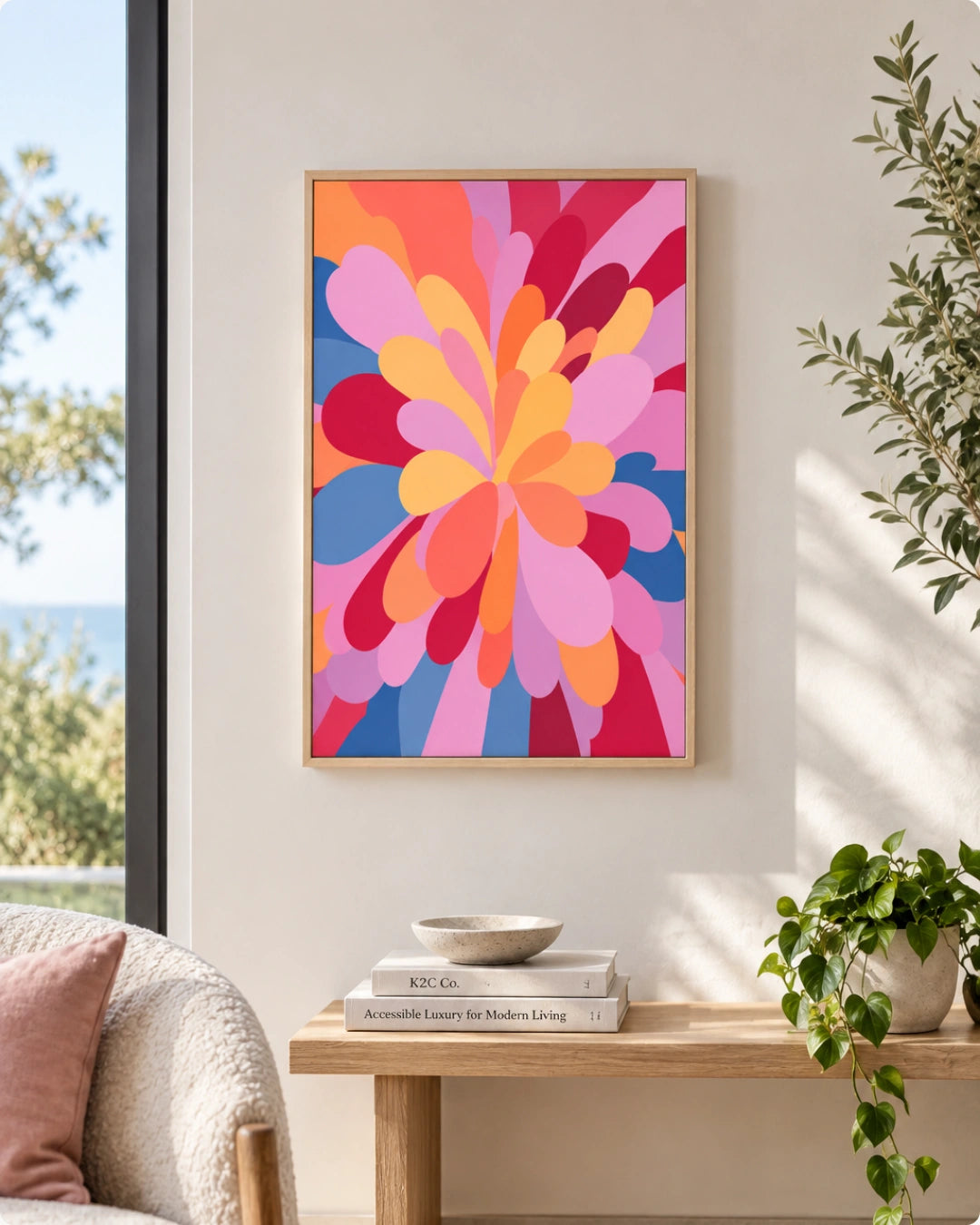 A framed abstract floral art print with bold pink, orange, yellow, and blue petal-like shapes hanging on a light beige wall in a styled living room setting.