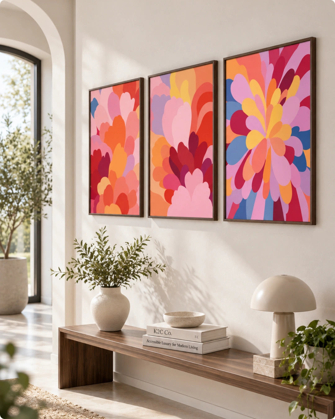 Three framed abstract floral wall art prints in warm and bright colors hang above a wooden bench in a modern living room setting with plants and a lamp.