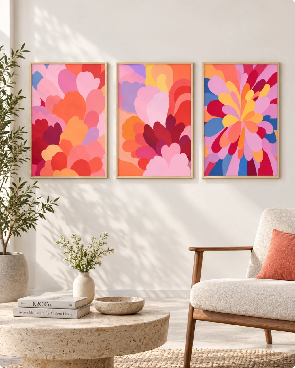 Three framed abstract wall art prints with colorful layered floral and heart-like shapes hang on a white wall above a round stone coffee table and a light upholstered armchair in a bright living room.