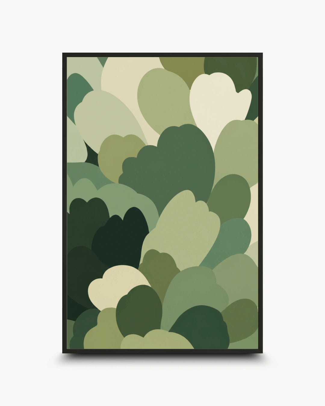 A framed art print featuring an abstract pattern of overlapping organic shapes in various shades of green and cream, set against a light gray background.