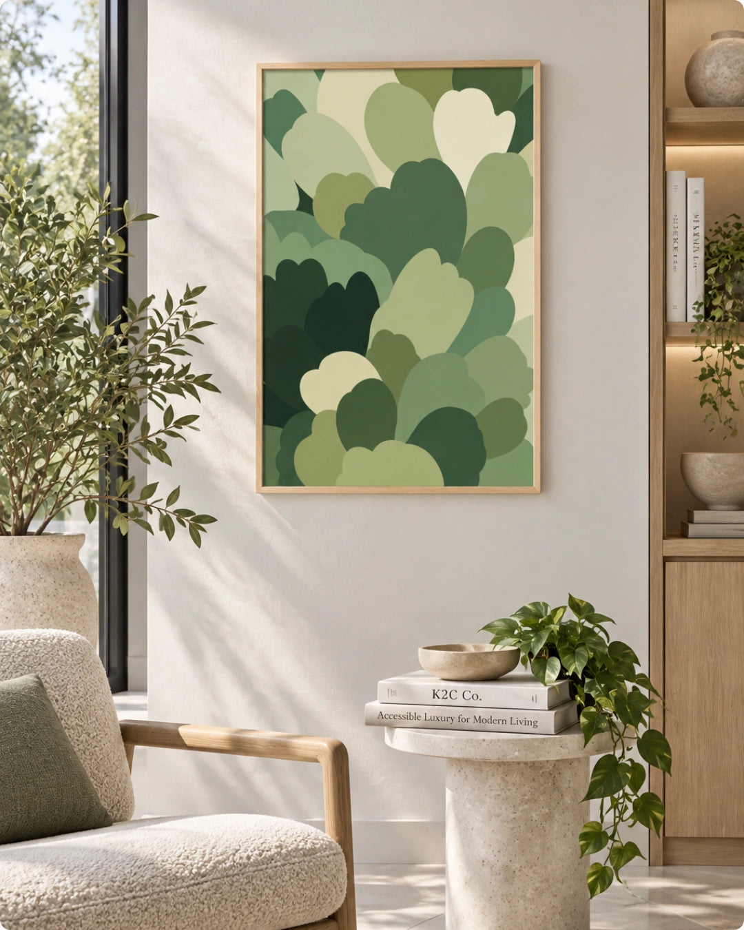 A framed abstract wall art print featuring layered organic shapes in various shades of green, hung on a light beige wall in a modern, sunlit living room with a textured armchair, side table, and potted plants.