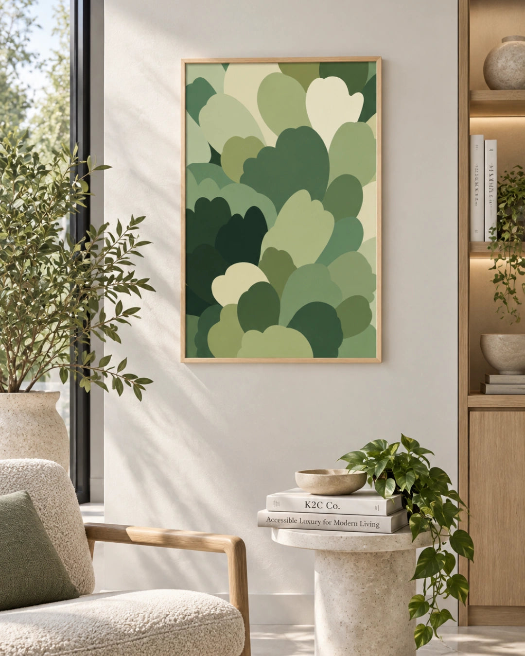A framed abstract art print featuring layered green and cream leaf-like shapes, displayed on a light beige wall in a modern, sunlit living room setting with a chair, side table, and potted plants.