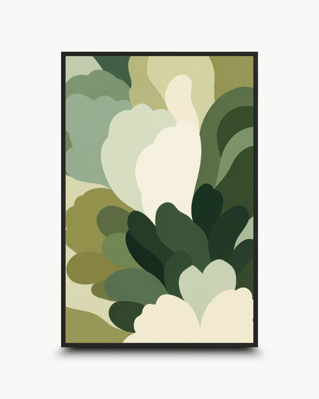 A framed abstract botanical art print featuring layered organic shapes in shades of green, olive, cream, and beige, presented on a light gray background.