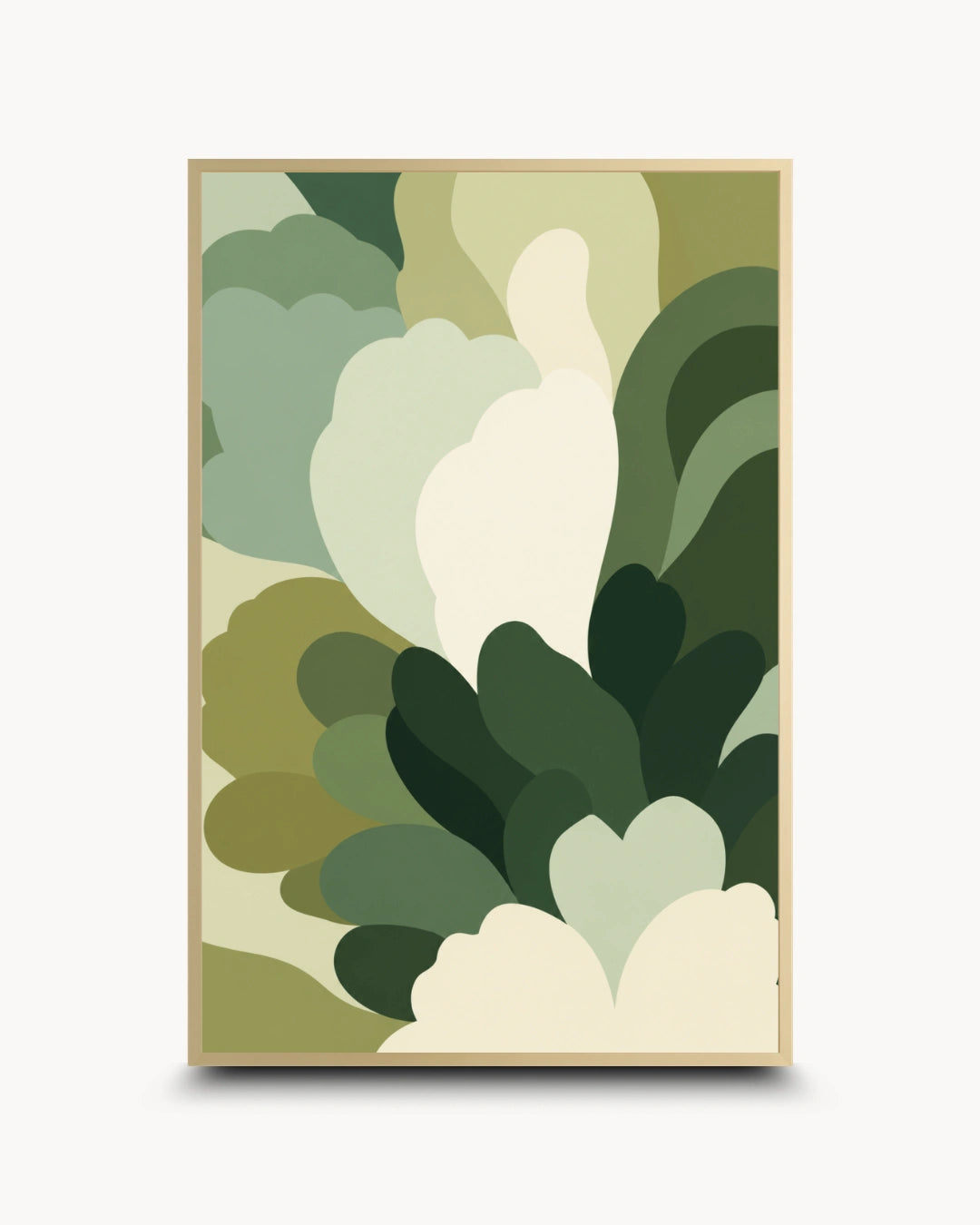 A framed abstract botanical art print featuring layered organic shapes in shades of green, olive, cream, and beige, enclosed in a thin light wood frame against a clean white background.