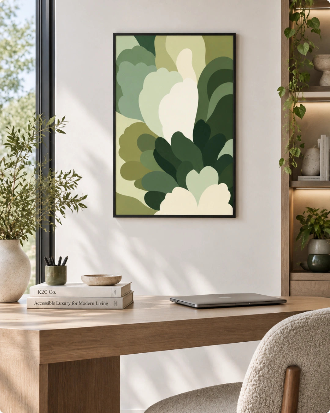 A framed abstract botanical art print with layered green and cream shapes hangs on a light wall above a wooden desk in a styled home office setting.