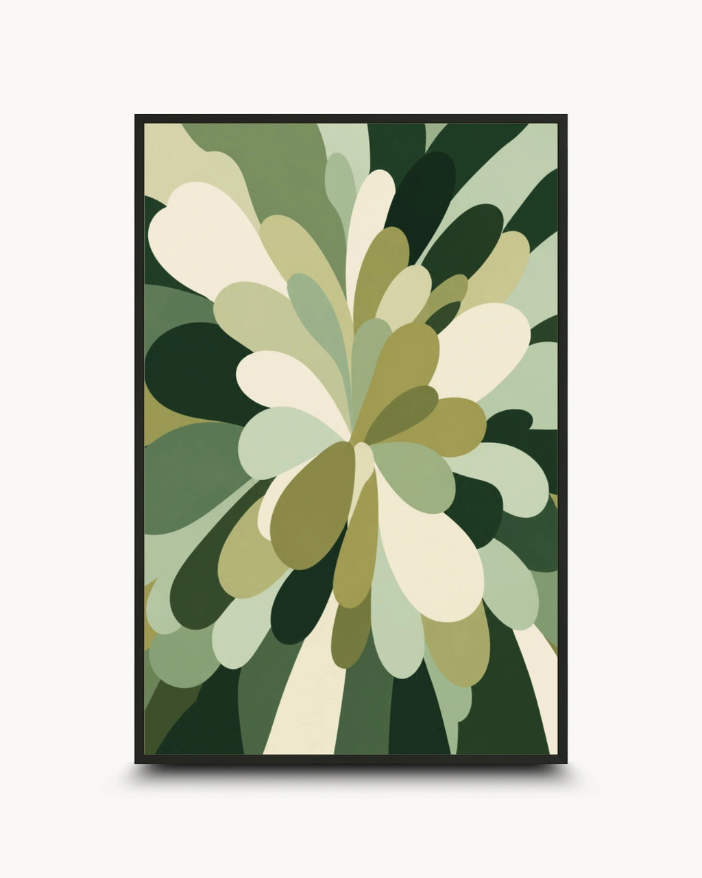A framed abstract botanical art print featuring layered, organic leaf-like shapes in shades of green, olive, cream, and dark forest green, presented on a light gray background.