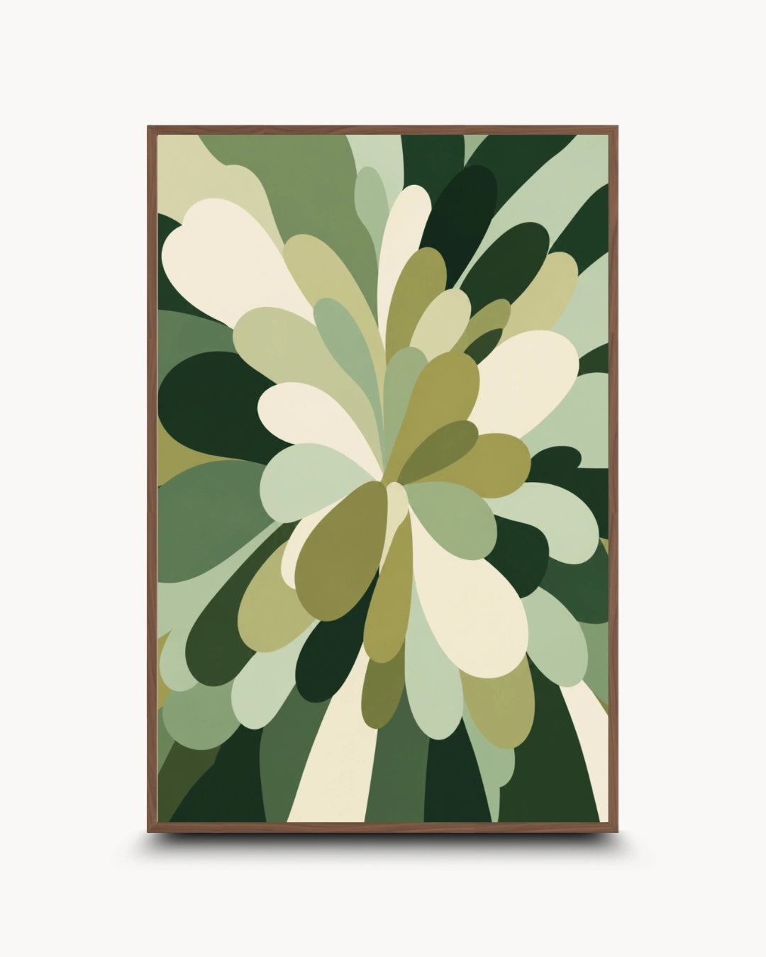 A framed abstract botanical art print featuring layered, organic leaf-like shapes in shades of green, olive, cream, and dark forest green, presented on a light gray background.