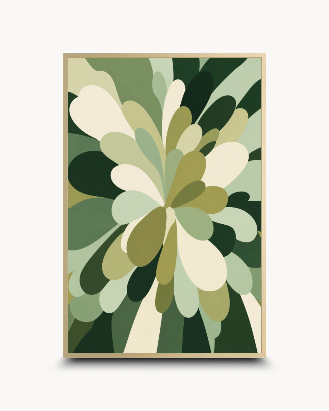 A framed abstract botanical art print featuring layered, organic leaf-like shapes in various shades of green, olive, cream, and dark forest green, enclosed in a thin gold-toned frame against a light gray background.