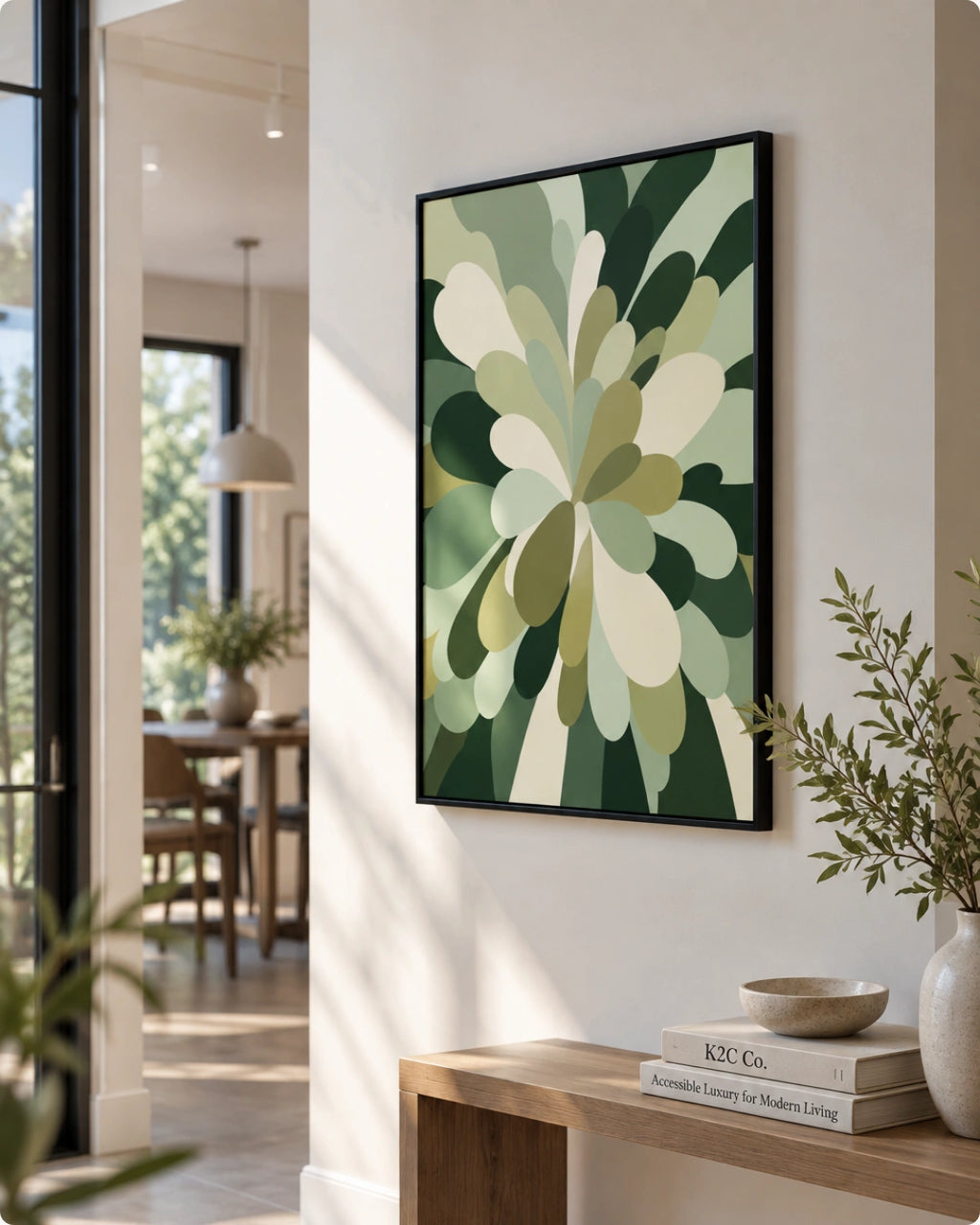 A framed abstract botanical art print with layered green and cream leaf-like shapes hangs on a white wall in a modern interior setting with a wooden console table, books, and a vase.