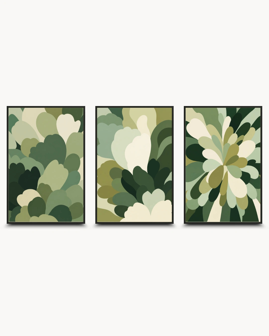 Three framed abstract botanical wall art prints in a triptych arrangement, featuring layered leaf-like shapes in shades of green, olive, beige, and cream on a light gray background.