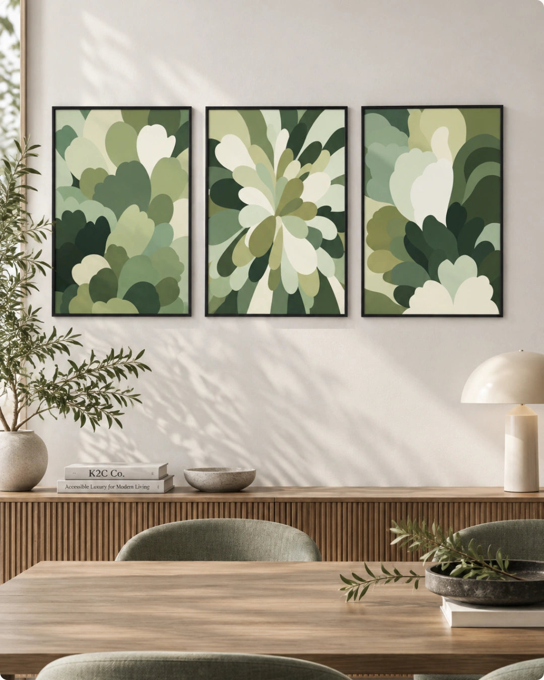 Three framed abstract botanical wall art prints in shades of green and cream hang above a wooden console table in a styled dining room setting.