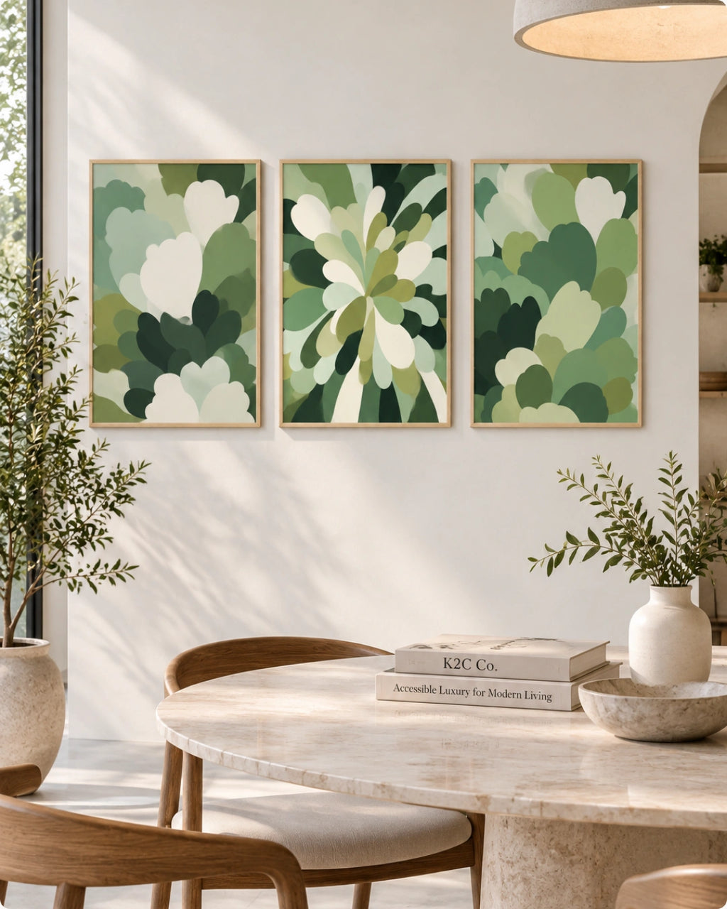 Three framed abstract botanical art prints in shades of green and white hang on a light wall above a marble dining table with wooden chairs and a vase.