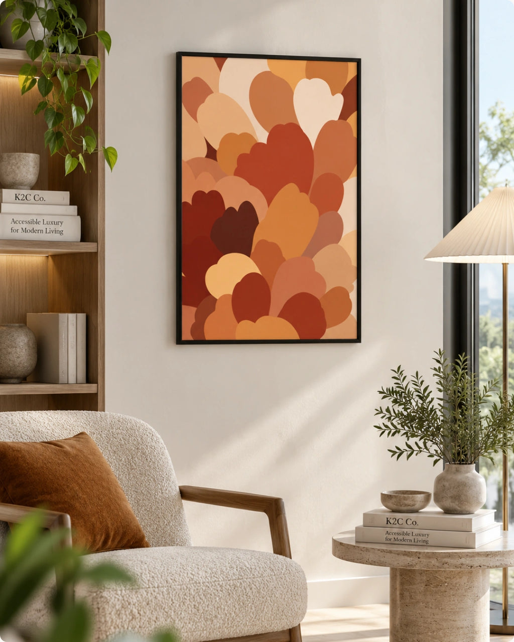 A framed wall art print featuring overlapping abstract heart-like shapes in warm autumn tones, displayed in a styled living room setting with a chair, side table, lamp, and shelving.