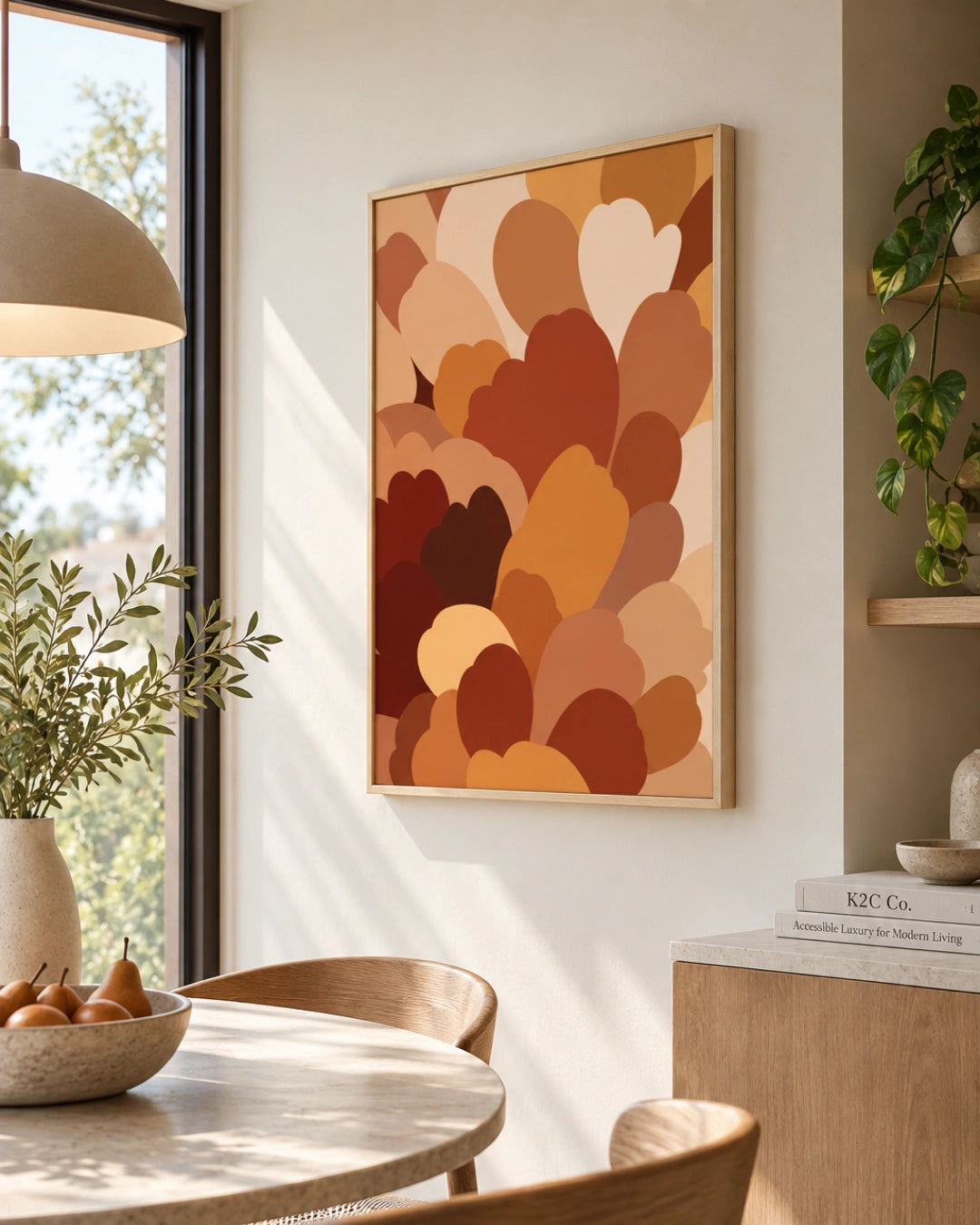 A framed abstract art print featuring overlapping heart-like shapes in warm earthy tones of orange, brown, beige, and cream, hanging on a light beige wall in a modern dining room setting.