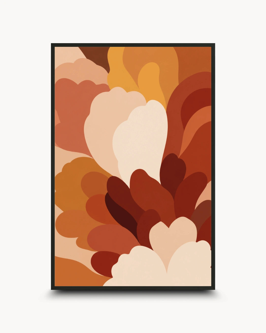 A framed abstract art print featuring layered, organic shapes in warm autumn tones of orange, brown, beige, and cream, displayed against a light gray background.