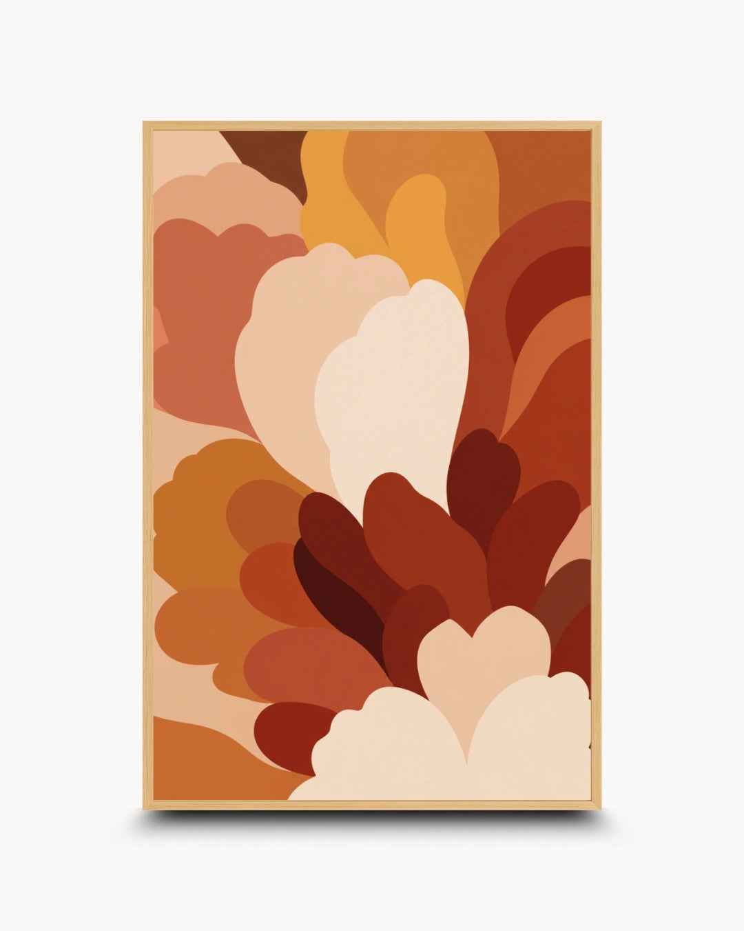 A framed abstract art print featuring layered, organic shapes in warm autumn tones of orange, brown, beige, and cream, displayed against a light gray background.