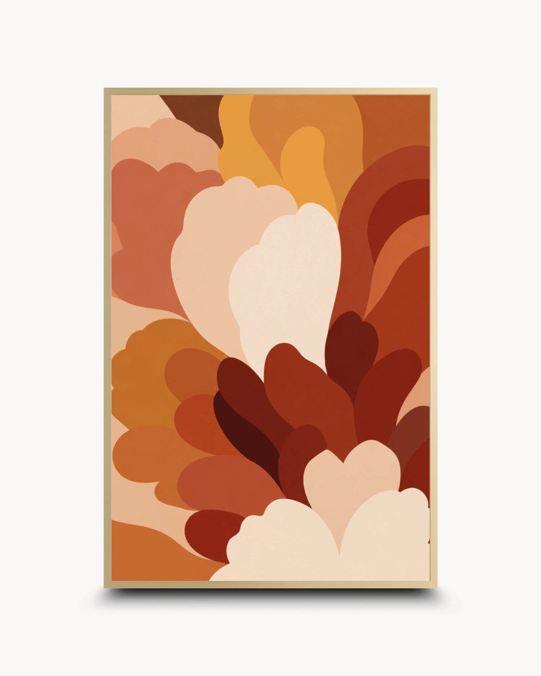A framed abstract art print featuring layered, organic shapes in warm autumn tones of orange, brown, beige, and cream, displayed against a light gray background.
