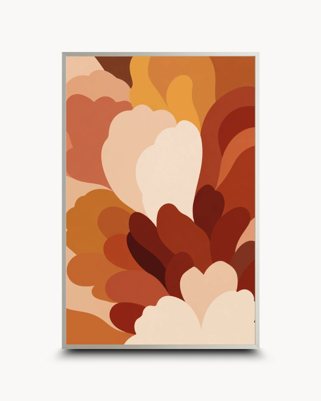A framed abstract art print featuring layered, organic shapes in warm autumn tones of orange, brown, beige, and cream, displayed against a clean white background.